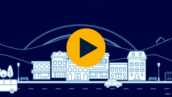 Illustration of a city scape of fort collins with a play button on top