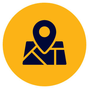 A navy blue map with a location pin icon centered on a yellow circle background.