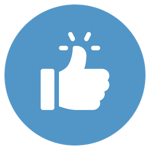 A white thumbs up icon with action lines is centered in a blue circle, symbolizing approval or liking something.