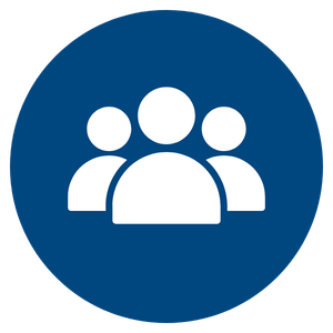 White icon of three generic human figures inside a blue circle, symbolizing a group or community.